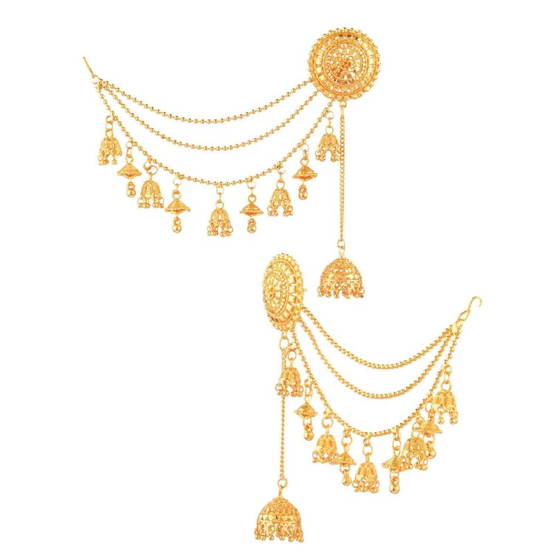 Efulgenz Indian Bollywood Jewelry 14K Gold Plated Dangling Earring with Layered Jhumka Tassels Ear Support Chain Hair Accessory Gold - Image 5